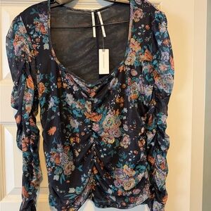 Anthropologie Black Floral Ruched Blouse